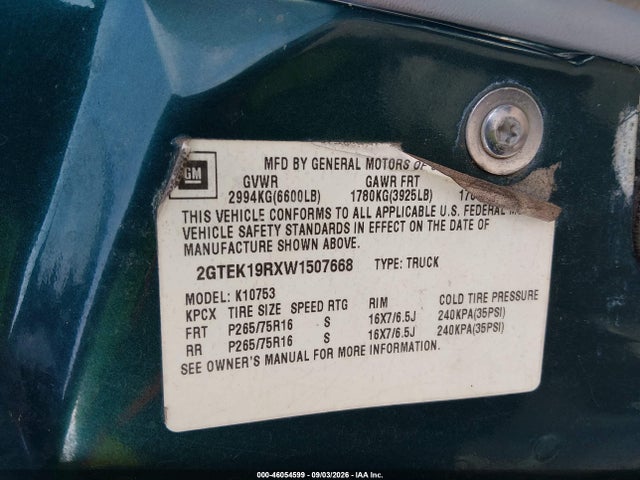46054599 :رقم المزاد ، 2GTEK19RXW1507668 vin ، 1998 Gmc Sierra 1500 Sl Wideside مزاد بيع