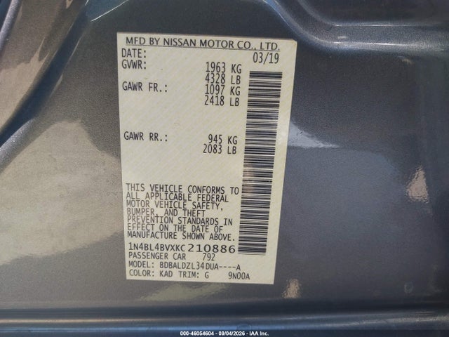 Nissan Altima 2.5 S 2019 1N4BL4BVXKC210886 Image 9