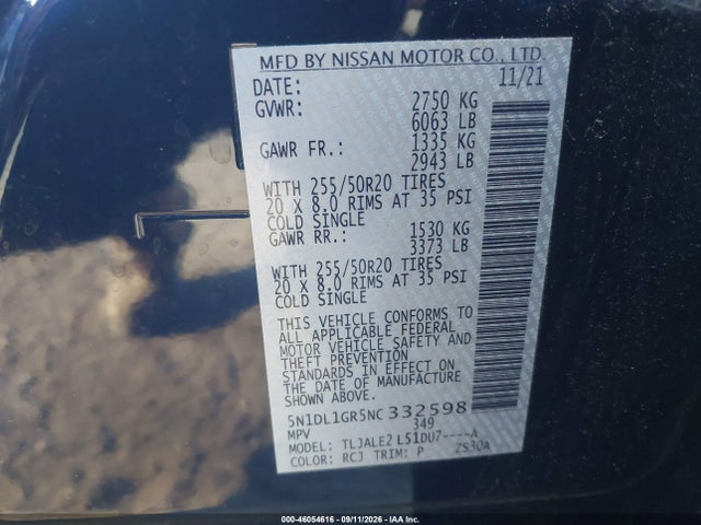 46054616 :رقم المزاد ، 5N1DL1GR5NC332598 vin ، 2022 Infiniti Qx60 Sensory مزاد بيع
