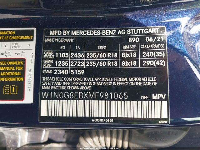 2021 Mercedes-benz Glc 300 4matic Suv მანქანა იყიდება აუქციონზე, vin: W1N0G8EBXMF981065, აუქციონის ნომერი: 46054629