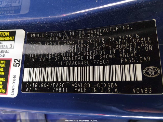 2025 Toyota Camry Se მანქანა იყიდება აუქციონზე, vin: 4T1DAACK4SU177501, აუქციონის ნომერი: 46054632