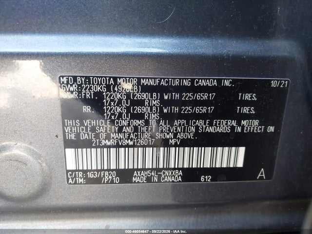 2T3MWRFV8MW126017 Toyota Rav4 Hybrid Le