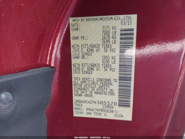 Продаж на аукціоні авто 2015 Nissan Titan S/sv, vin: 1N6AA0CA2FN505570, номер лоту: 46054651