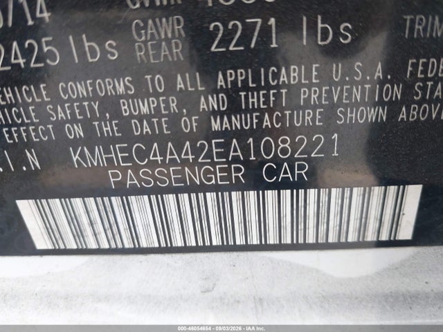 2014 Hyundai Sonata Hybrid მანქანა იყიდება აუქციონზე, vin: KMHEC4A42EA108221, აუქციონის ნომერი: 46054654