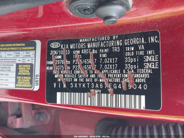 46054668 :رقم المزاد ، 5XYKT3A67EG479040 vin ، 2014 Kia Sorento Lx مزاد بيع