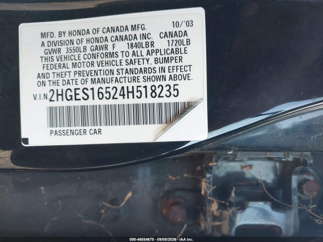 46054670 :رقم المزاد ، 2HGES16524H518235 vin ، 2004 Honda Civic Lx مزاد بيع