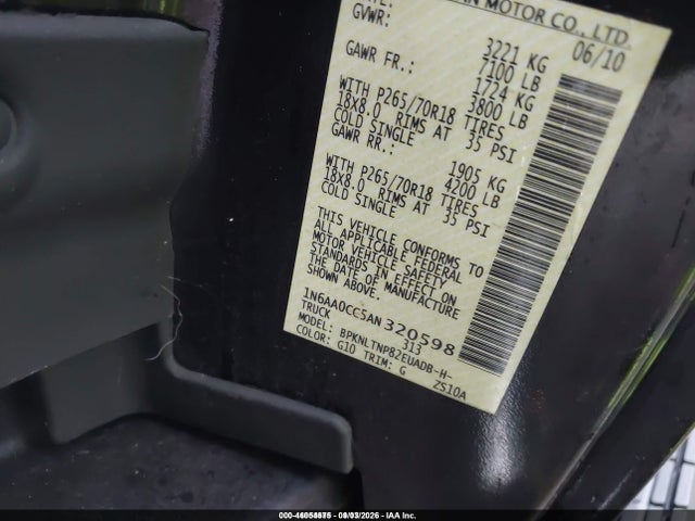 Aukcja sprzedaży 2010 Nissan Titan Se, vin: 1N6AA0CC5AN320598, numer aukcji: 46054675