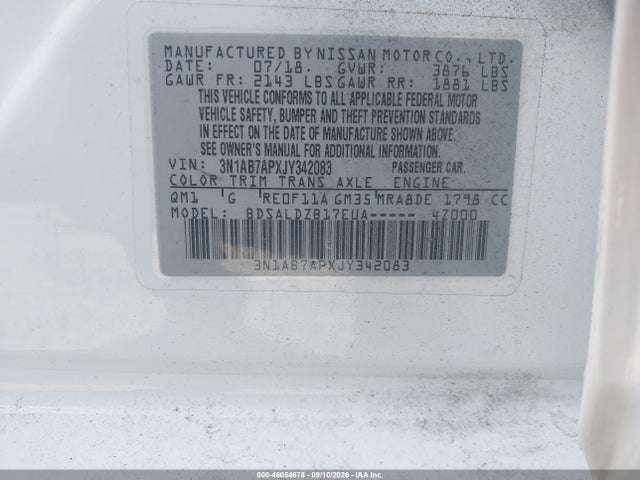 2018 Nissan Sentra Sv მანქანა იყიდება აუქციონზე, vin: 3N1AB7APXJY342083, აუქციონის ნომერი: 46054678
