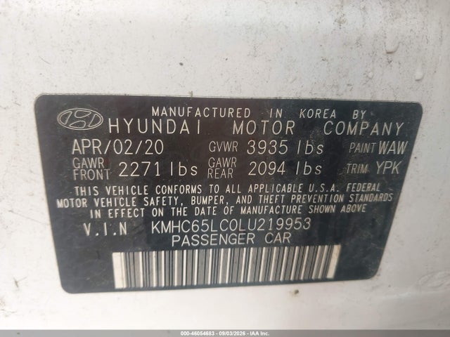 46054683 :رقم المزاد ، KMHC65LC0LU219953 vin ، 2020 Hyundai Ioniq Hybrid Blue مزاد بيع
