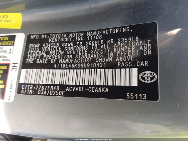 Продаж на аукціоні авто 2009 Toyota Camry Le, vin: 4T1BE46K09U910131, номер лоту: 46054691