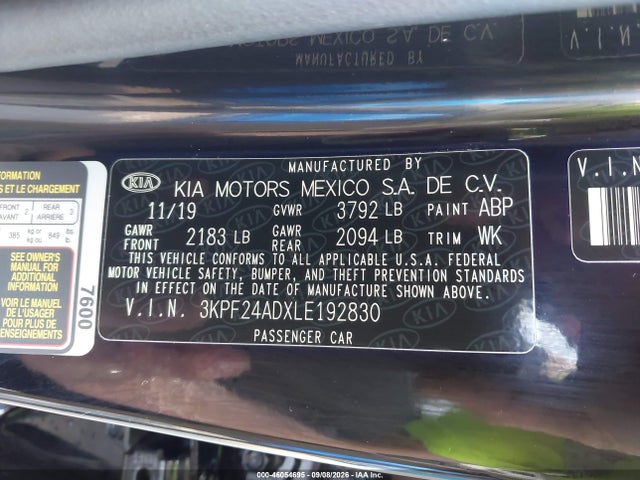 Aukcja sprzedaży 2020 Kia Forte Fe, vin: 3KPF24ADXLE192830, numer aukcji: 46054695