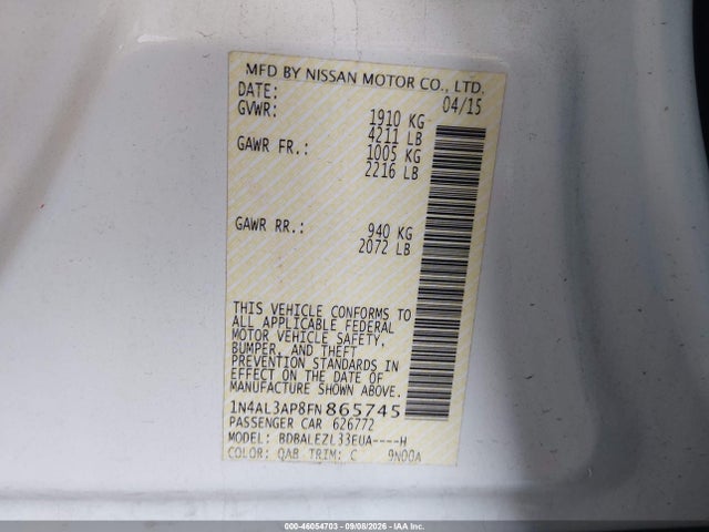 Продаж на аукціоні авто 2015 Nissan Altima 2.5 S, vin: 1N4AL3AP8FN865745, номер лоту: 46054703