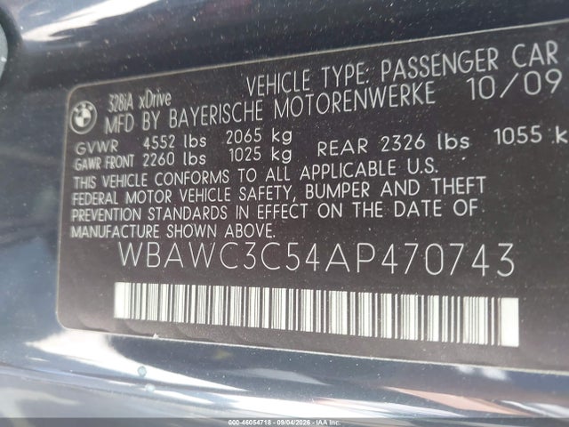 Aukcja sprzedaży 2010 Bmw 328i Xdrive, vin: WBAWC3C54AP470743, numer aukcji: 46054718