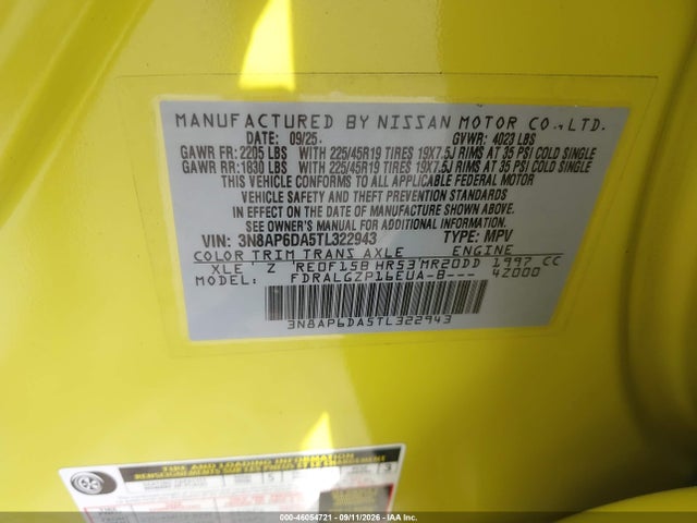 2026 Nissan Kicks Sr მანქანა იყიდება აუქციონზე, vin: 3N8AP6DA5TL322943, აუქციონის ნომერი: 46054721