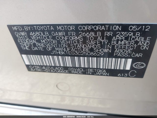 46054740 :رقم المزاد ، JTHBK1EG3C2508629 vin ، 2012 Lexus Es 350 مزاد بيع
