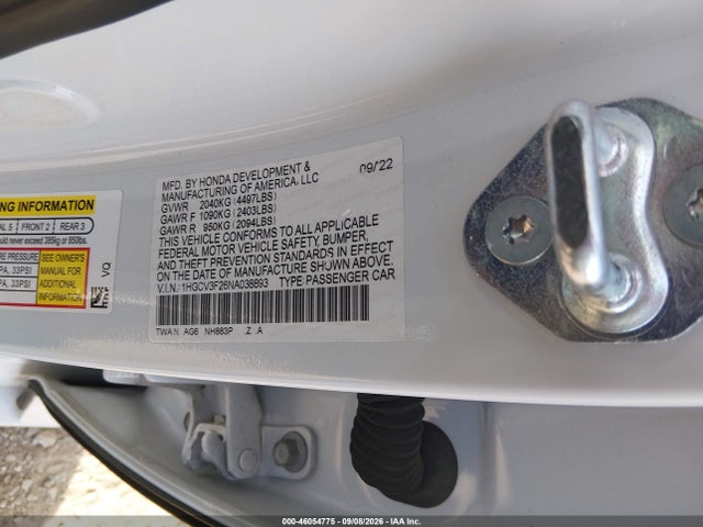 2022 Honda Accord Hybrid Sport მანქანა იყიდება აუქციონზე, vin: 1HGCV3F26NA038893, აუქციონის ნომერი: 46054775