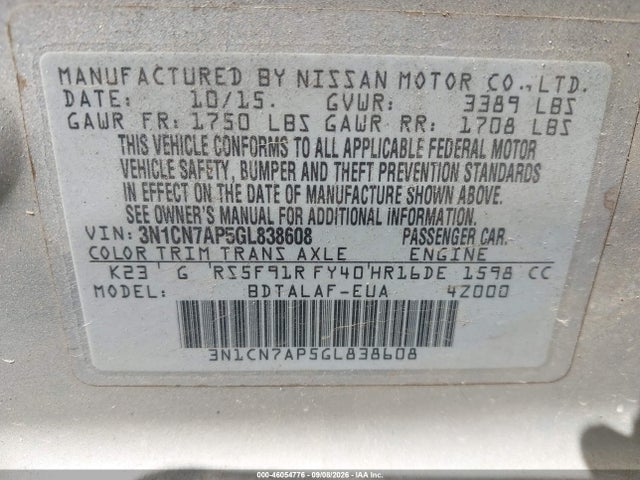 46054776 :رقم المزاد ، 3N1CN7AP5GL838608 vin ، 2016 Nissan Versa 1.6 S مزاد بيع