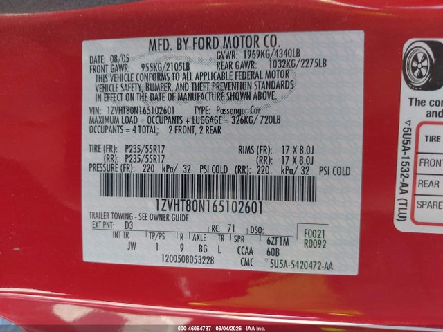 46054787 :رقم المزاد ، 1ZVHT80N165102601 vin ، 2006 Ford Mustang V6 مزاد بيع