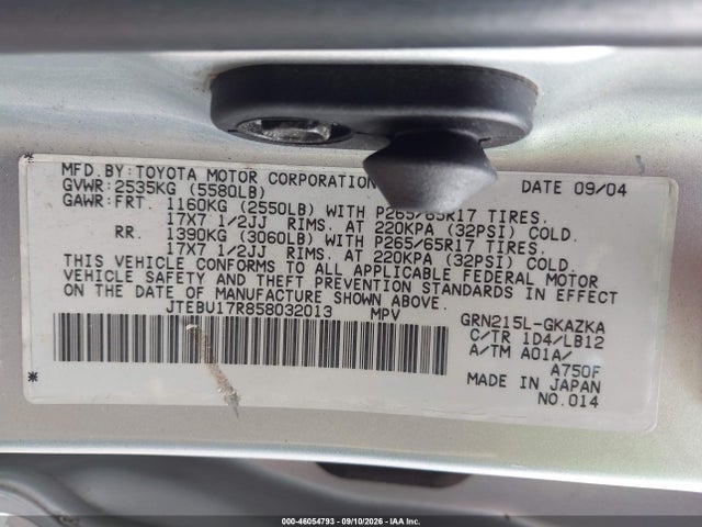2005 Toyota 4runner Limited V6 მანქანა იყიდება აუქციონზე, vin: JTEBU17R858032013, აუქციონის ნომერი: 46054793