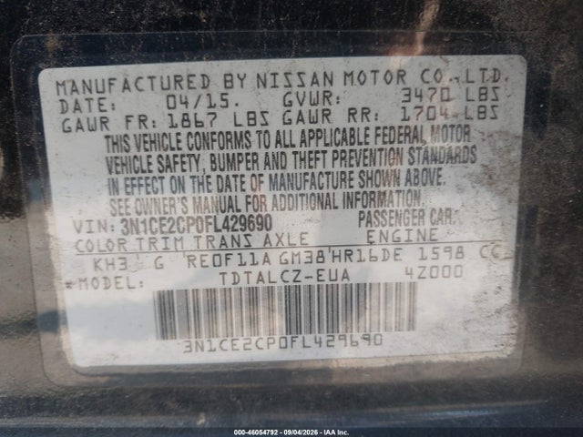 2015 Nissan Versa Note S Plus მანქანა იყიდება აუქციონზე, vin: 3N1CE2CP0FL429690, აუქციონის ნომერი: 46054792