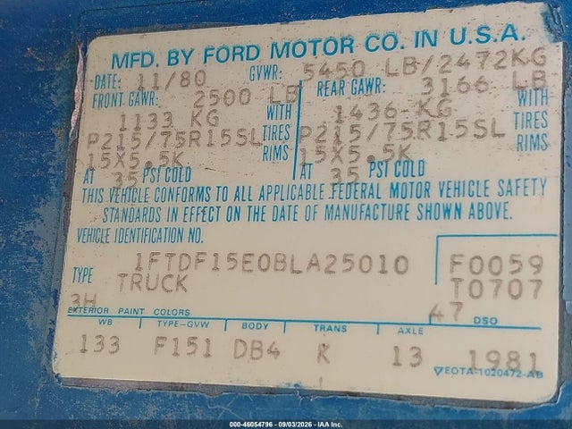 Продаж на аукціоні авто 1981 Ford F150, vin: 1FTDF15E0BLA25010, номер лоту: 46054796
