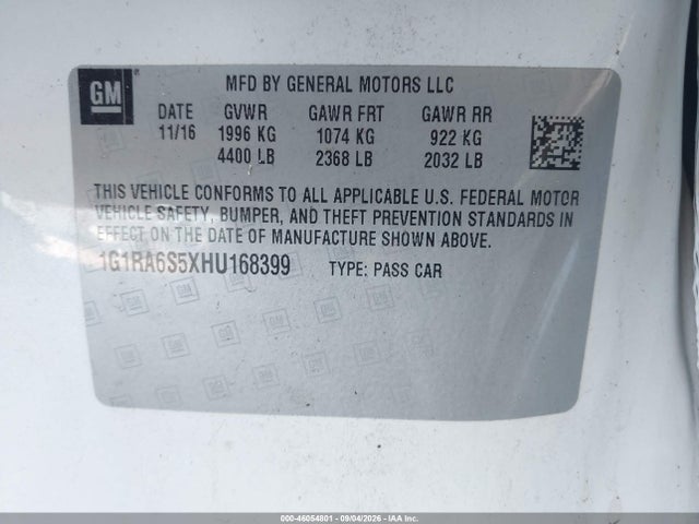 2017 Chevrolet Volt Lt მანქანა იყიდება აუქციონზე, vin: 1G1RA6S5XHU168399, აუქციონის ნომერი: 46054801