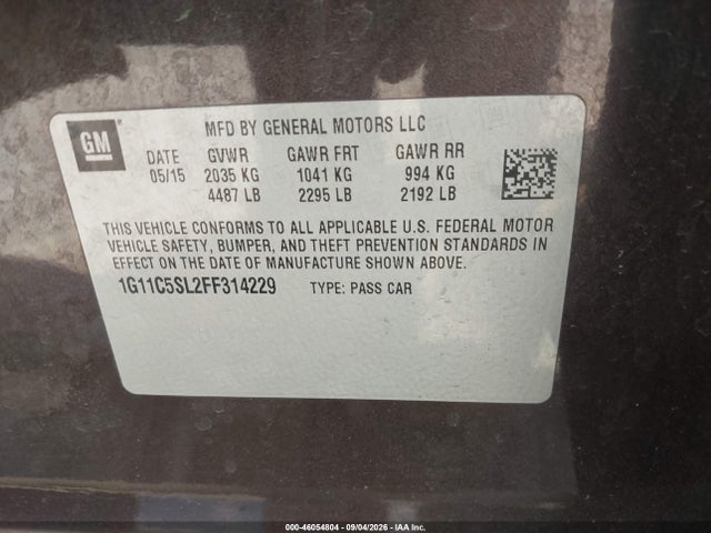 Продаж на аукціоні авто 2015 Chevrolet Malibu 1lt, vin: 1G11C5SL2FF314229, номер лоту: 46054804