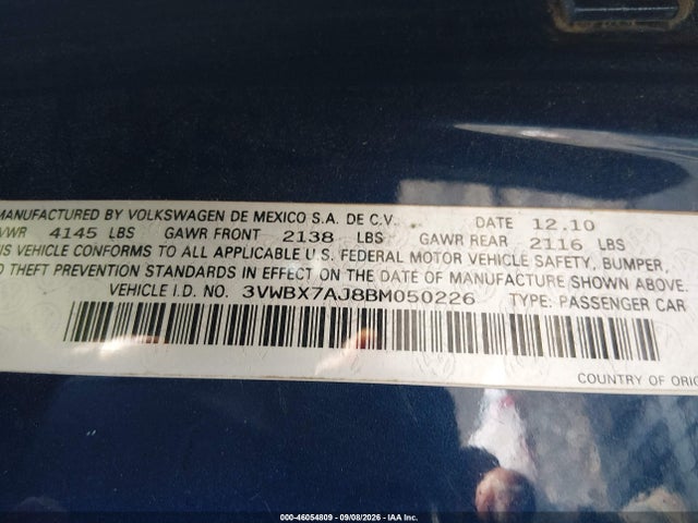 46054809 :رقم المزاد ، 3VWBX7AJ8BM050226 vin ، 2011 Volkswagen Jetta 2.5l Se مزاد بيع