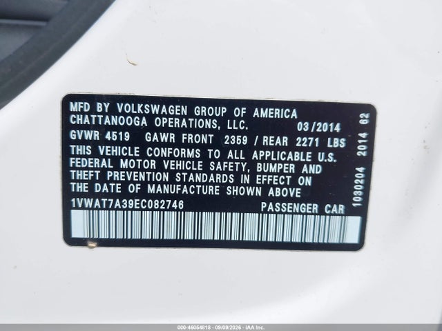2014 Volkswagen Passat 1.8t Wolfsburg Edition მანქანა იყიდება აუქციონზე, vin: 1VWAT7A39EC082746, აუქციონის ნომერი: 46054818