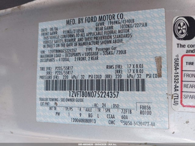 2007 Ford Mustang V6 Deluxe/v6 Premium მანქანა იყიდება აუქციონზე, vin: 1ZVFT80N075224357, აუქციონის ნომერი: 46054826