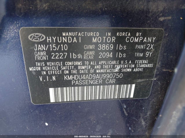 2010 Hyundai Elantra Gls მანქანა იყიდება აუქციონზე, vin: KMHDU4AD9AU990750, აუქციონის ნომერი: 46054838