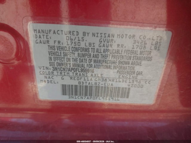 Aukcja sprzedaży 2015 Nissan Versa 1.6 Sv, vin: 3N1CN7AP0FL955916, numer aukcji: 46054857