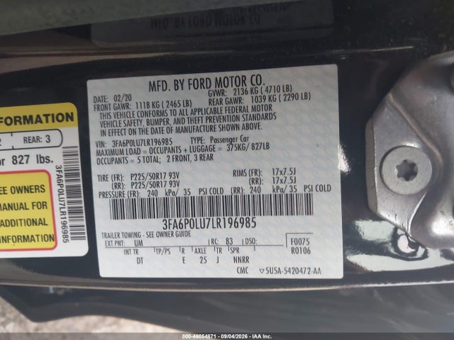 Продажа на аукционе авто 2020 Ford Fusion Hybrid Se, vin: 3FA6P0LU7LR196985, номер лота: 46054871