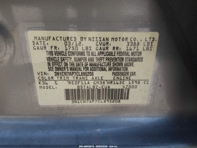 Продаж на аукціоні авто 2012 Nissan Versa 1.6 Sv, vin: 3N1CN7AP7CL895208, номер лоту: 46054876