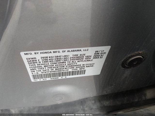 Aukcja sprzedaży 2017 Honda Pilot Elite, vin: 5FNYF6H02HB075112, numer aukcji: 46054880