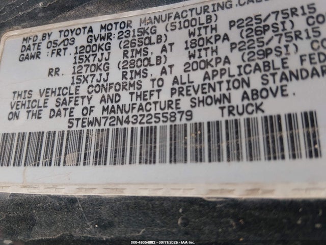 2003 Toyota Tacoma Base V6 მანქანა იყიდება აუქციონზე, vin: 5TEWN72N43Z255879, აუქციონის ნომერი: 46054882