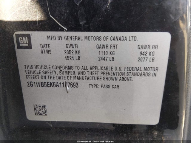 46054885 :رقم المزاد ، 2G1WB5EK6A1107693 vin ، 2010 Chevrolet Impala Lt مزاد بيع