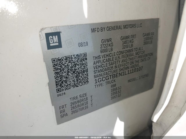 Aukcja sprzedaży 2020 Chevrolet Colorado 4wd  Long Box Wt, vin: 1GCGTBEN1L1110107, numer aukcji: 46054891