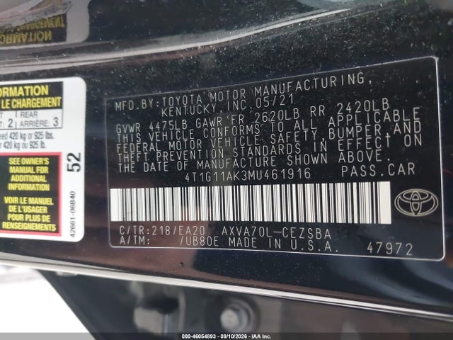 Aukcja sprzedaży 2021 Toyota Camry Se, vin: 4T1G11AK3MU461916, numer aukcji: 46054893