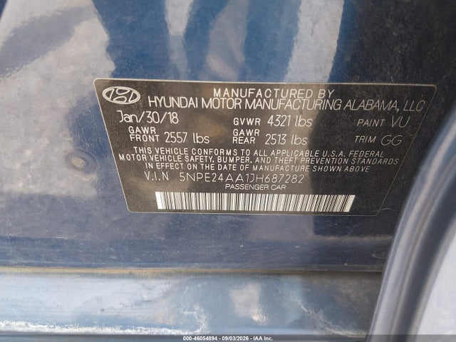 Aukcja sprzedaży 2018 Hyundai Sonata Eco, vin: 5NPE24AA1JH687282, numer aukcji: 46054894