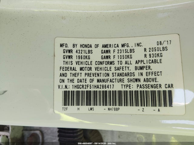 2017 Honda Accord Sport მანქანა იყიდება აუქციონზე, vin: 1HGCR2F51HA286417, აუქციონის ნომერი: 46054897