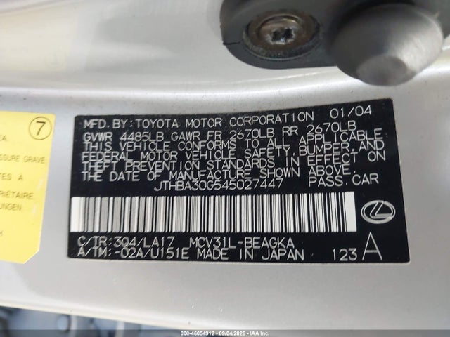 Продаж на аукціоні авто 2004 Lexus Es 330, vin: JTHBA30G545027447, номер лоту: 46054912