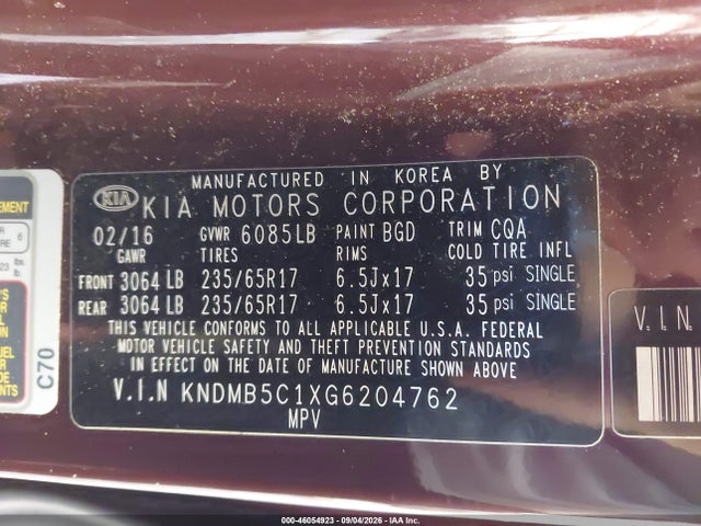 KIA SEDONA LX 2016 KNDMB5C1XG6204762 Image 9