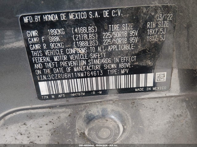 2022 Honda Hr-v Awd Sport მანქანა იყიდება აუქციონზე, vin: 3CZRU6H11NM764613, აუქციონის ნომერი: 46054944