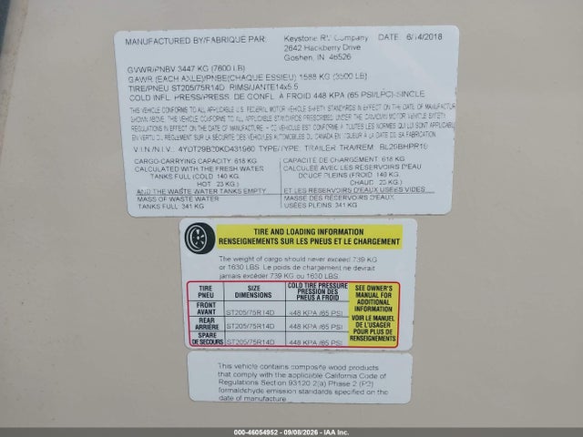 Продаж на аукціоні авто 2019 Keystone Rv Premier Ultra Lite By Bullet, vin: 4YDT29B20KD431960, номер лоту: 46054952