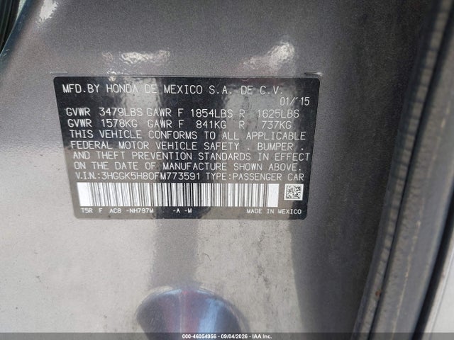 46054956 :رقم المزاد ، 3HGGK5H80FM773591 vin ، 2015 Honda Fit Ex/ex-l مزاد بيع