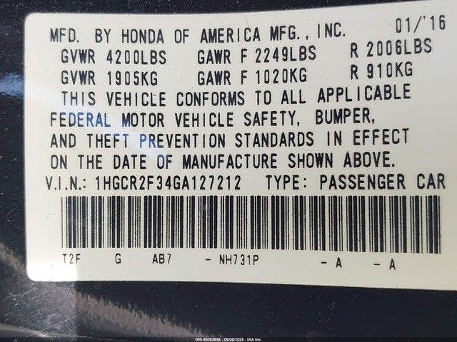 Продажа на аукционе авто 2016 Honda Accord Lx, vin: 1HGCR2F34GA127212, номер лота: 46054958