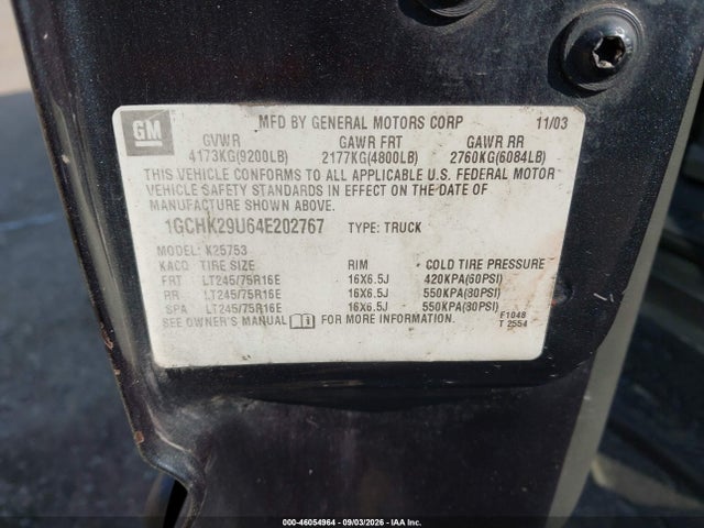 46054964 :رقم المزاد ، 1GCHK29U64E202767 vin ، 2004 Chevrolet Silverado 2500hd Ls مزاد بيع