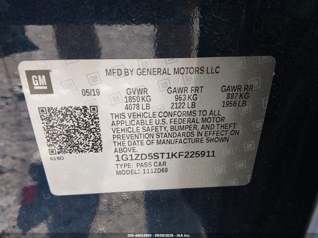 Продажа на аукционе авто 2019 Chevrolet Malibu Lt, vin: 1G1ZD5ST1KF225911, номер лота: 46054965