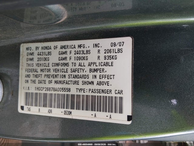 46054969 :رقم المزاد ، 1HGCP26878A005558 vin ، 2008 Honda Accord 2.4 Ex-l مزاد بيع